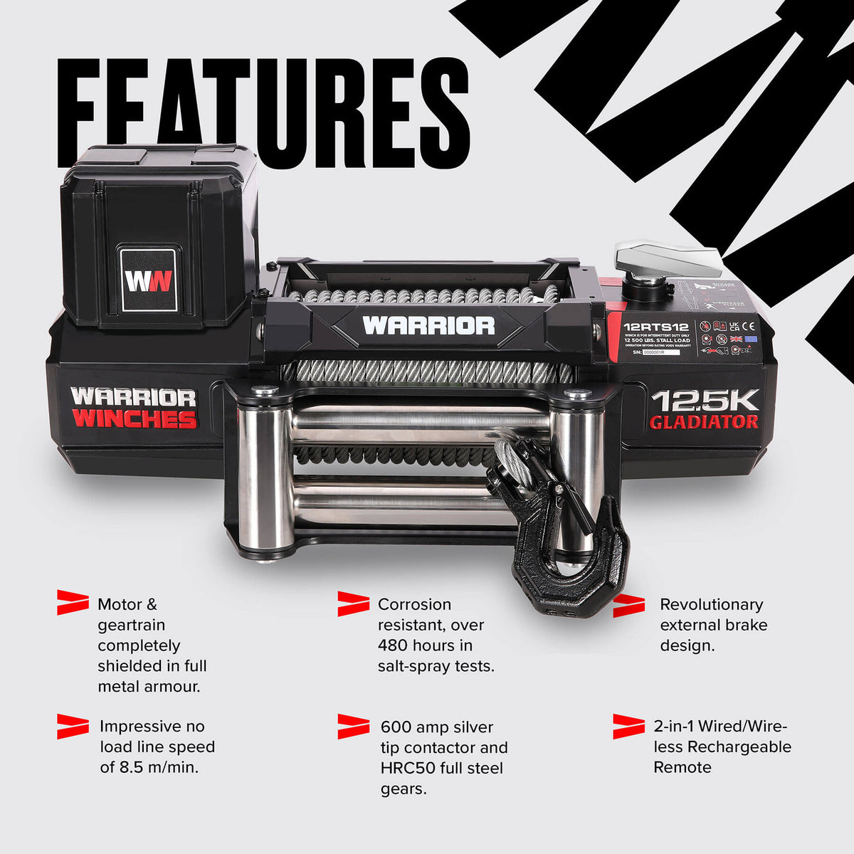 Gladiator R-Type 12500 Electric Winch - 12v Steel Rope