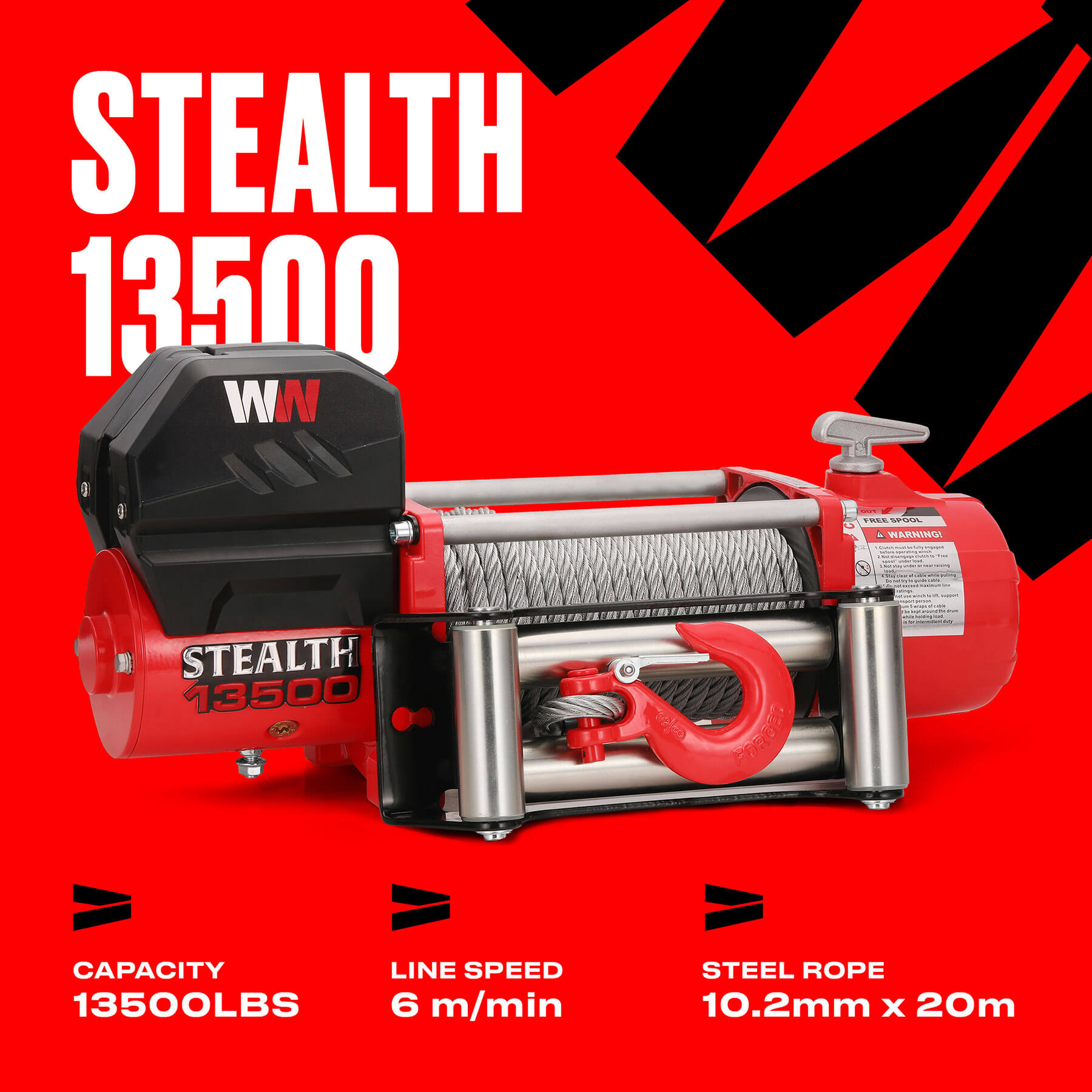 Stealth 13500lb Winch - 12v Steel Rope