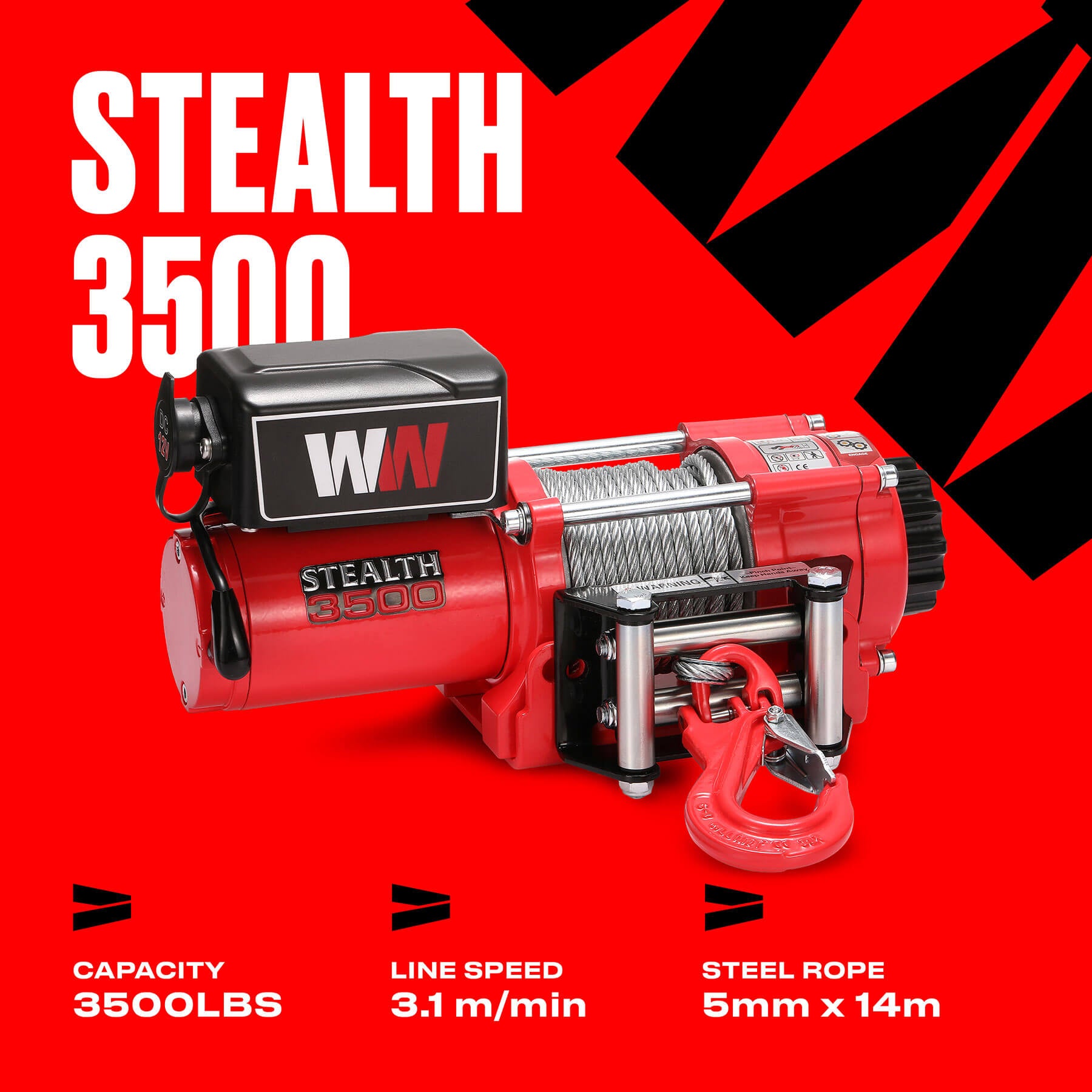 Stealth 3500lb Winch - 12v Steel Rope