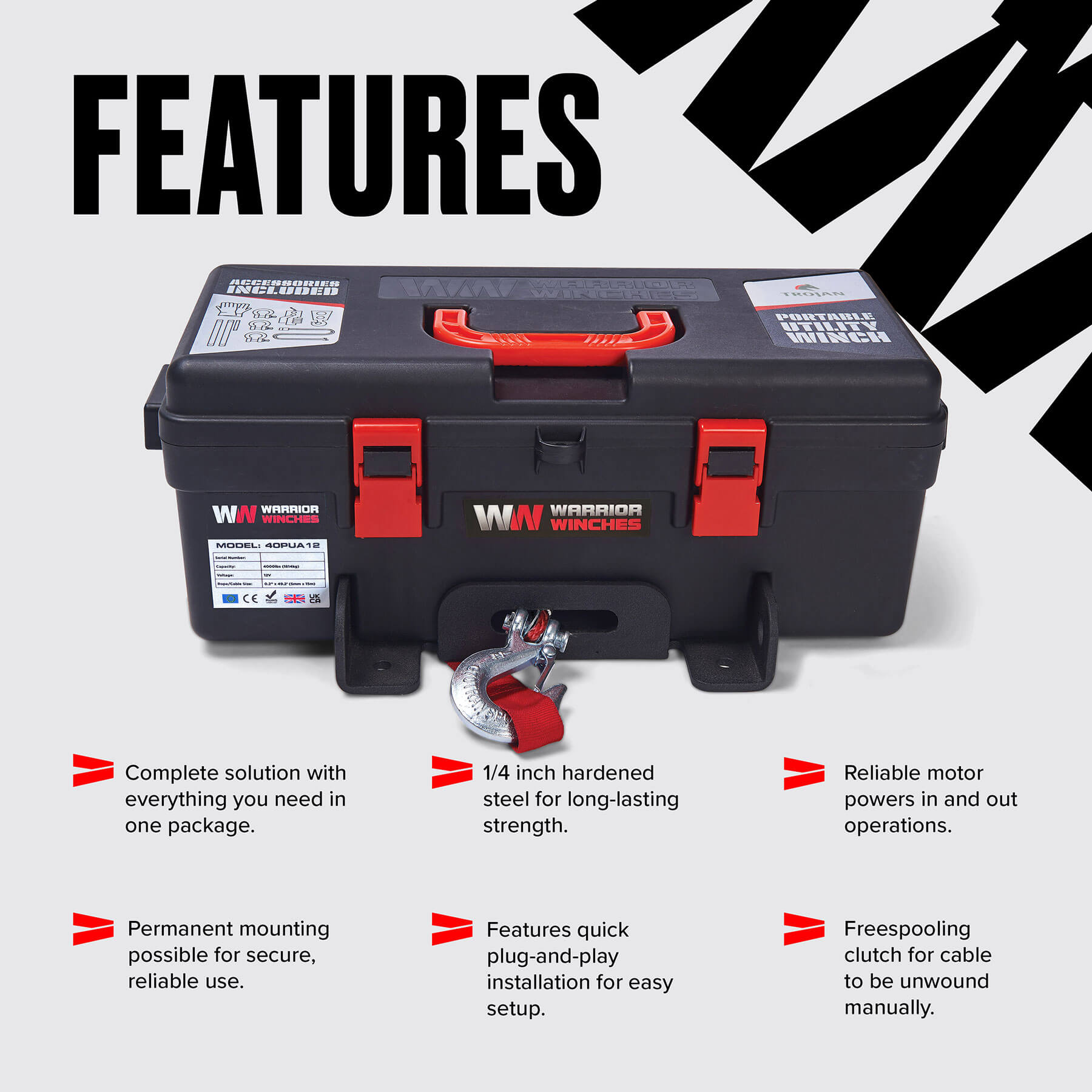 Trojan 4000 Portable Utility Winch - Steel Rope