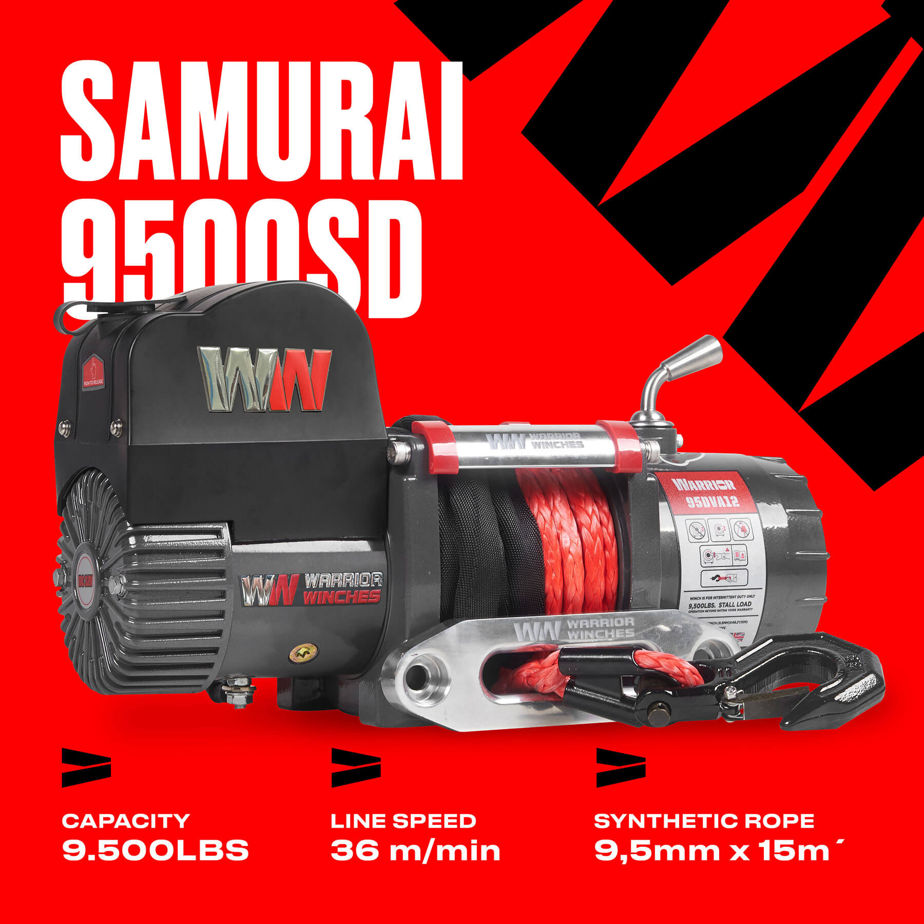 Samurai 9500 Short Drum Winch - 12v Synthetic Rope